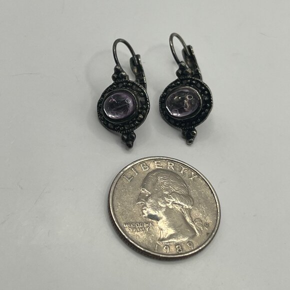 Vintage Pierced Earrings Silver Tone Marcasite Purple Glass‎ Stone - Picture 9 of 10